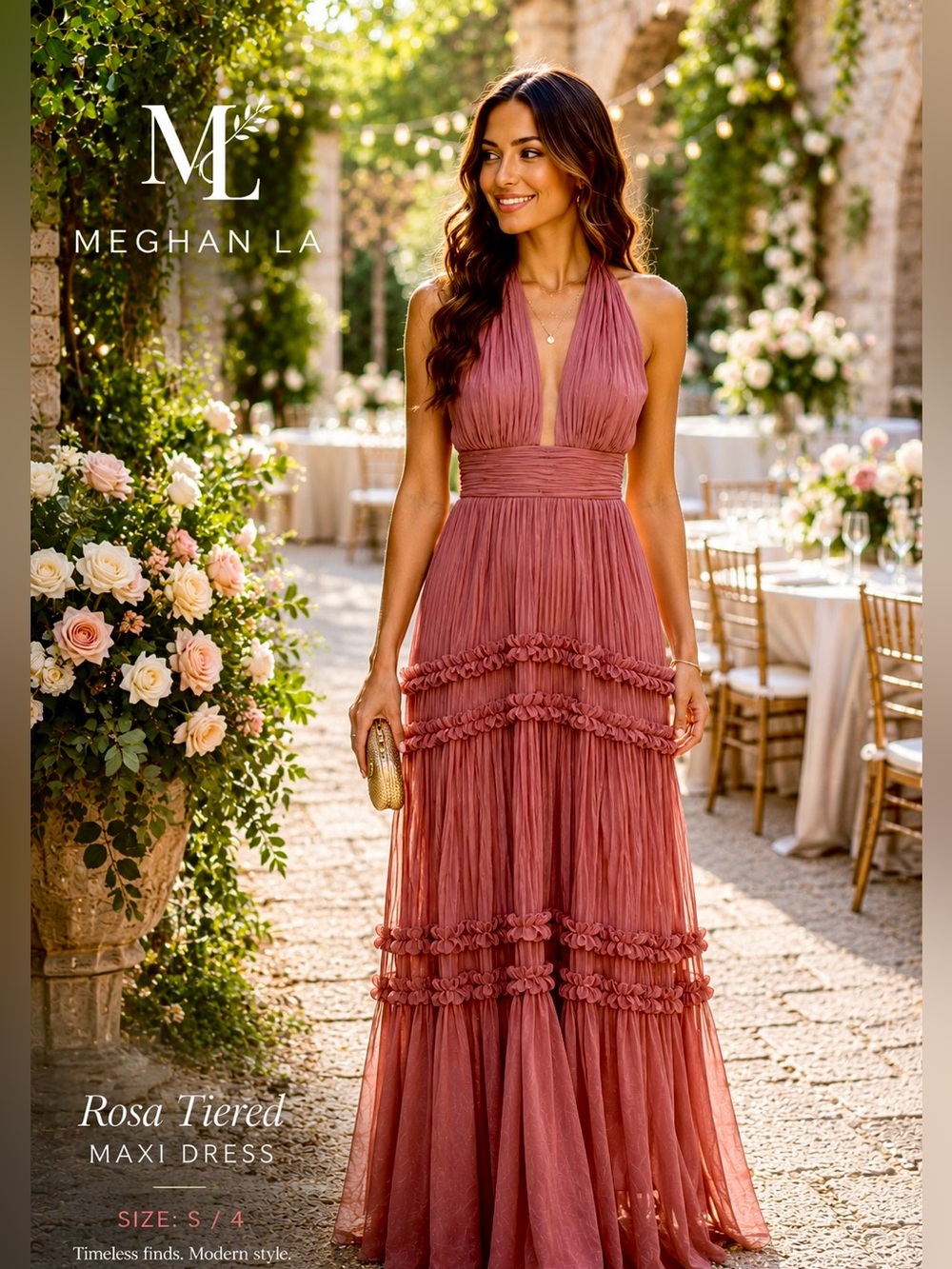 Meghan LA Rosa Tiered Halter Maxi Dress in Dusty Rose